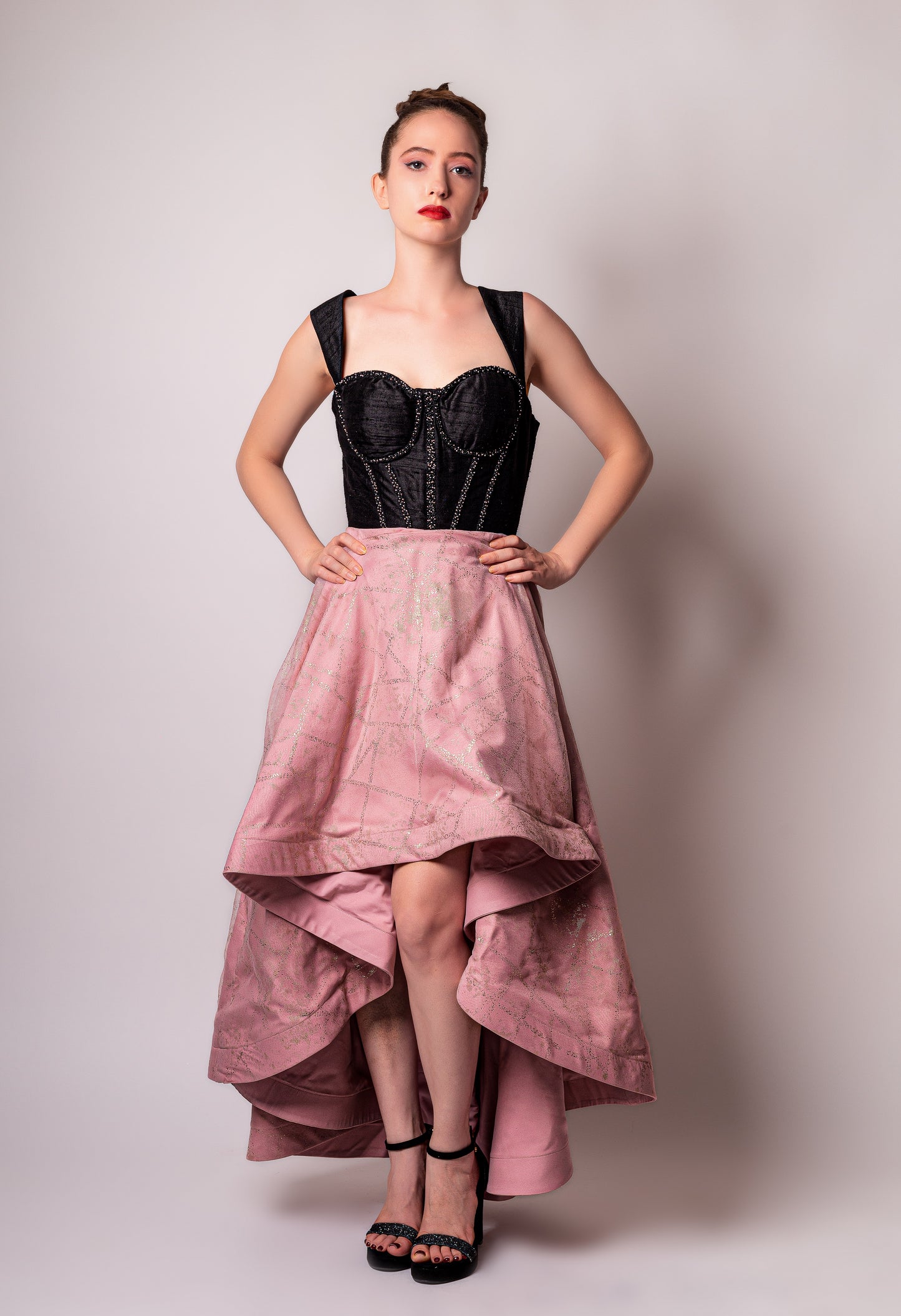 Timeless Elegance - Black & Coral Pink Corset Gown