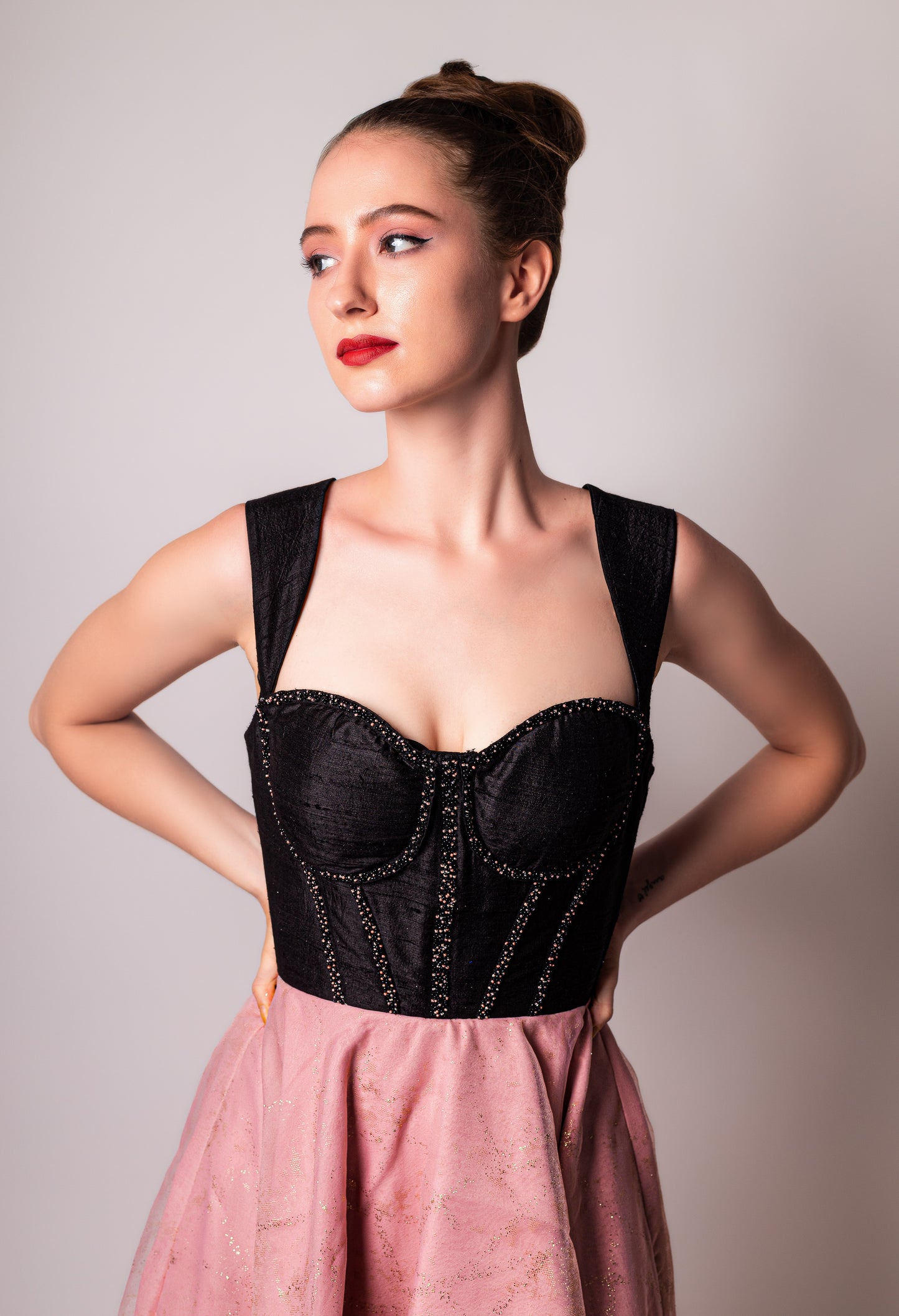 Timeless Elegance - Black & Coral Pink Corset Gown
